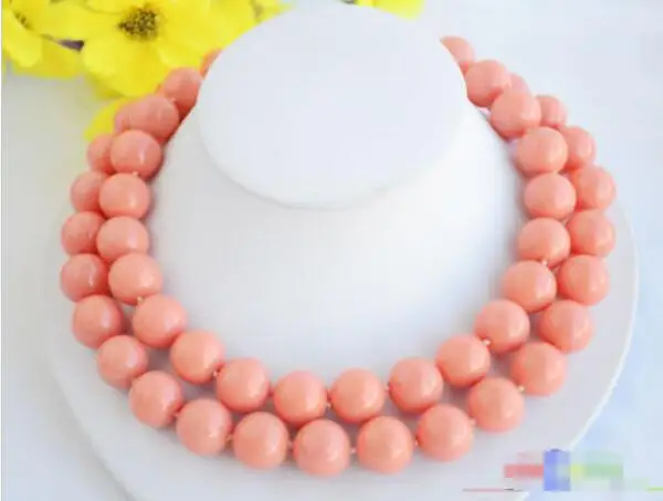 

Free shipping hot sale Women Bridal Wedding Jewelry >>2row 16mm CORAL PINK ROUND SOUTH SEA SHELL PEARL NECKLACE