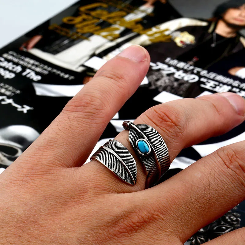 Beier open adjustable Feather natural Green stone ring For boy or girl Stainless Steel Retro Style turquois Jewerly BR8-374