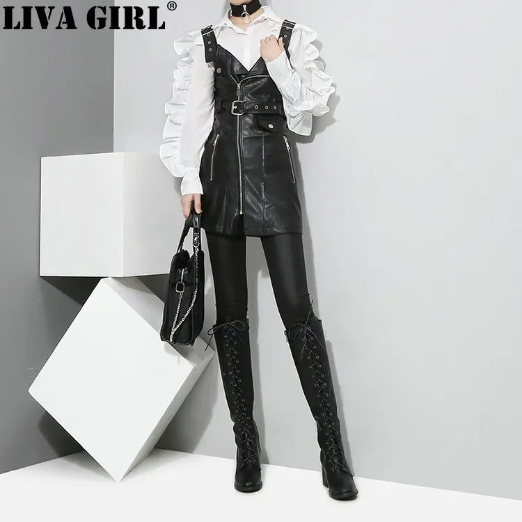

Autumn Fashion New Pattern Korean Solid Color Ruffles Side Long Sleeve Zipper Black White Shirt Tide Tops Woman