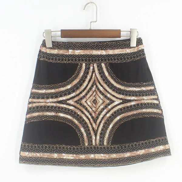 Женская Ретро черная расшитая Блестками Короткая юбка, винтажная вышитая бисером юбка-карандаш, высокая талия, Золотая Сельма, облегающая подиумная мини-юбка - Цвет: black plus bronze