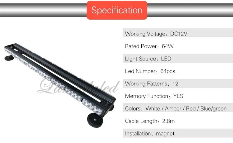 86 см Автомобильная крыша светодиодный стробоскопический светильник Предупреждение льная лампа с 2 боковыми светодиодными полицейскими стробоскопическими лампами светильник высокой мощности 64led светильник с магнитом