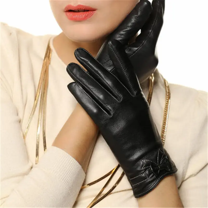 Новинка, женские перчатки из натуральной кожи, женские перчатки из овчины с бантом на запястье, весенне-осенние тонкие бархатные рукавички, L101PQ-1 - Цвет: black