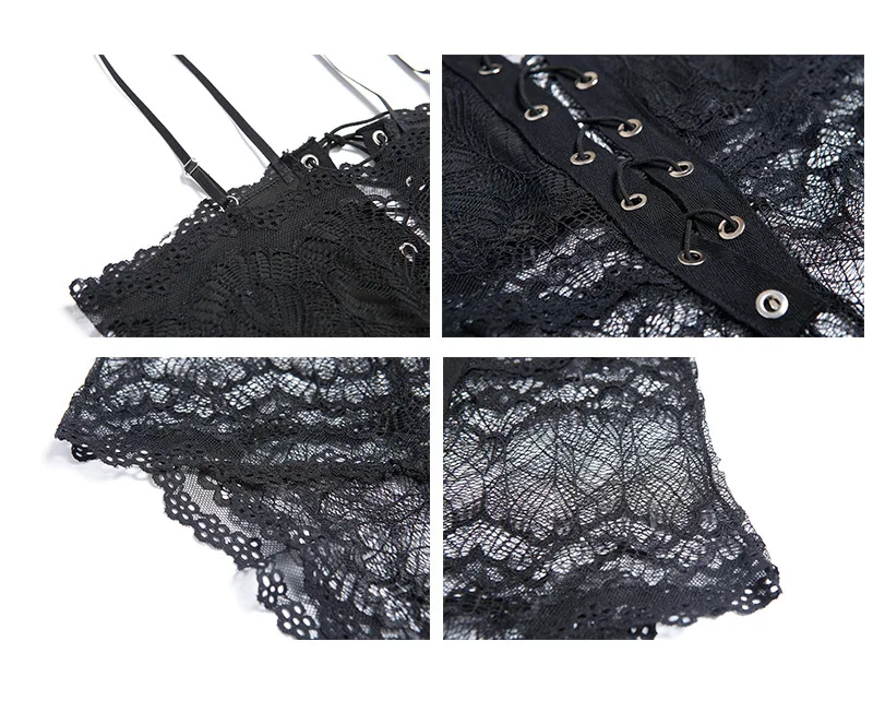 Women Lace-up Deep V transparent lacce bodysuit  (1)