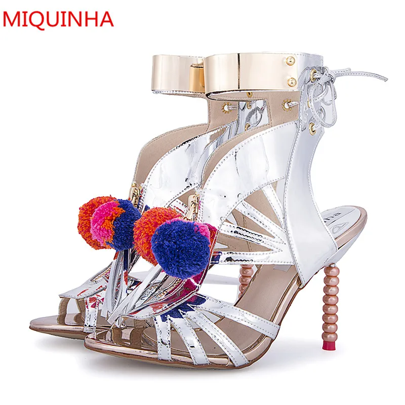 

MIQUINHA Hot Fashion Sandalias Mujer Silver Leather Cage PomPom Gladiator Sandals Open Toes Ankle Strap Lace Tie Sandals Shoes