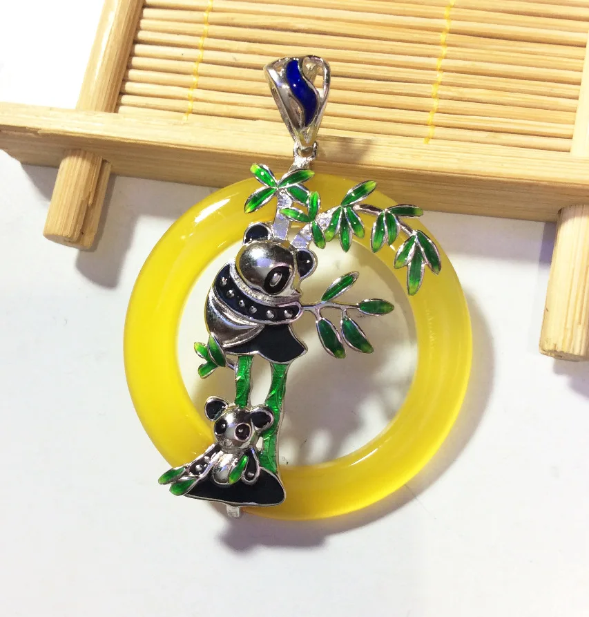 

S925 silver inlaid natural Cloisonne pendant ornaments Shaolan panda bamboo pulp