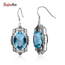 SzjinAo серьги из стерлингового серебра 925 пробы для женщин, женские серьги, украшенные сапфиром, вечерние ювелирные изделия из кубического циркония