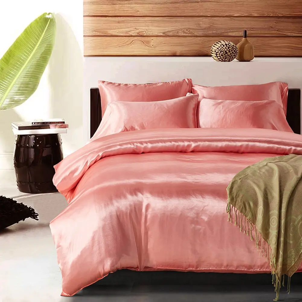 

WINLIFE 3PCS Silk Like Fabric Summer Cool Bedding Set Solid Comforter Cover King Pink