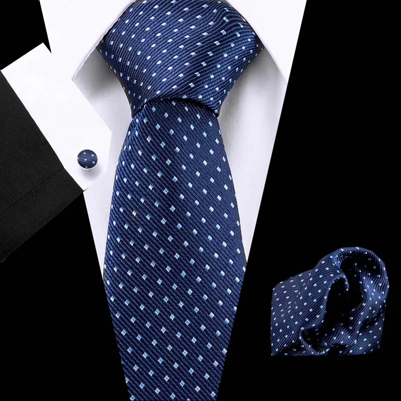 

Men`s Tie Blue Polka Dot Jacquard Woven 100% Silk Brand Tie Hanky Cufflinks Set For Wedding Business Party Free Postage