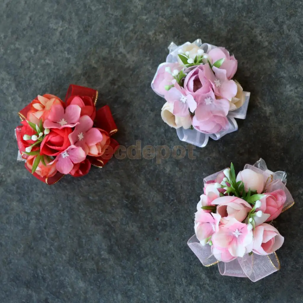 5pcs Silk Hand Flowers Wedding Bride Bridesmaid Wrist Corsage Peach Pink