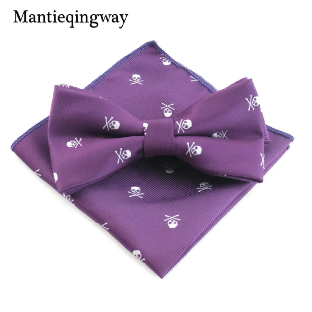 Mantieqingway полиэфир бабочку комплекты носовых платков для мужчин череп печатных Галстуки Для Свадьба Вечерние карманные квадратные носовые платки Галстуки - Цвет: purple white