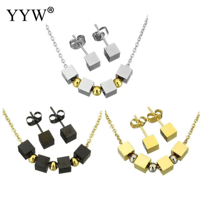 

YYW High Quality Stainless Steel Cube Jewelry Sets 3 Colors Cube Statement Necklace And Earrings For Women Men Free Shipping