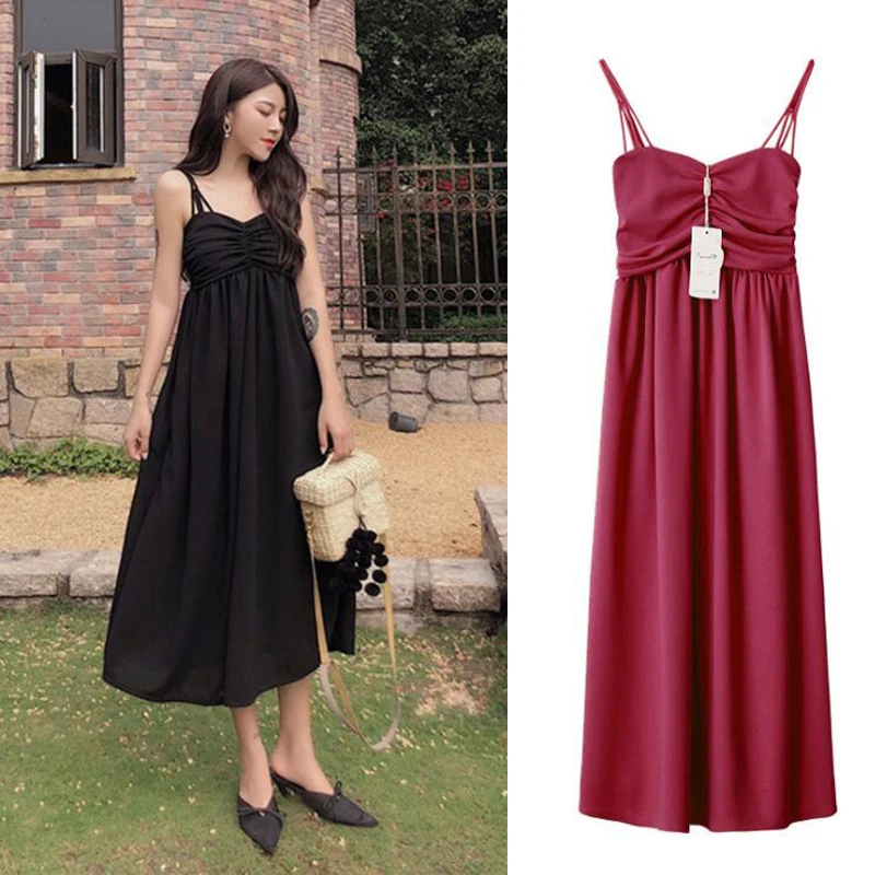 

New retro shoulder straps tube dress dress wild high waist solid color dress