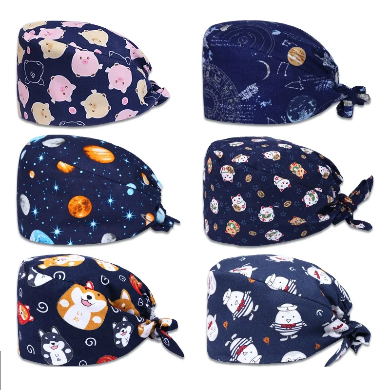 

100% cotton printed adjustable back tie closure with sweatband breathable dome surgical cap women
