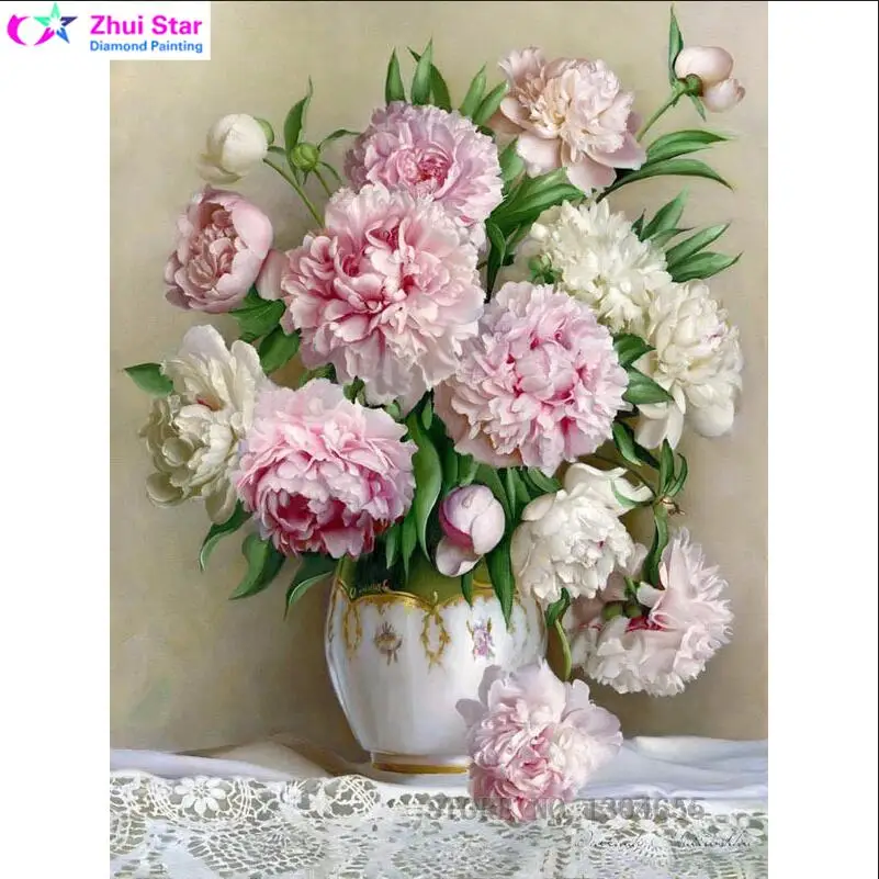 

5D Round Drill Peony Modern Home Decoration Diy Diamond Painting Peony Floral Needlework Full Diamond Embroidery Painting Gift