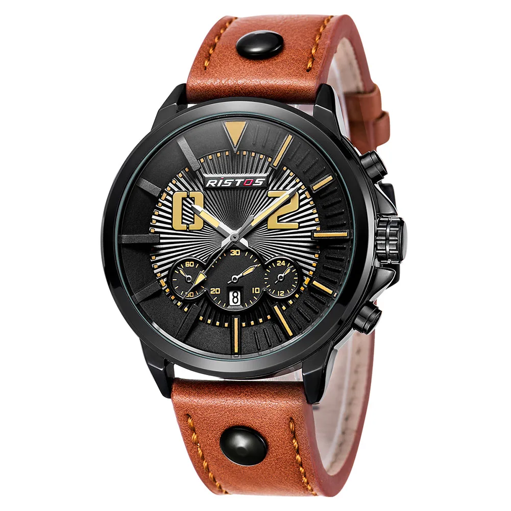 

VH Men Watch Waterproof 30M Sport Clock Quartz Watches 3 Eyes Decoration Leather Band Men Wristwatches 2017 Horloge Business