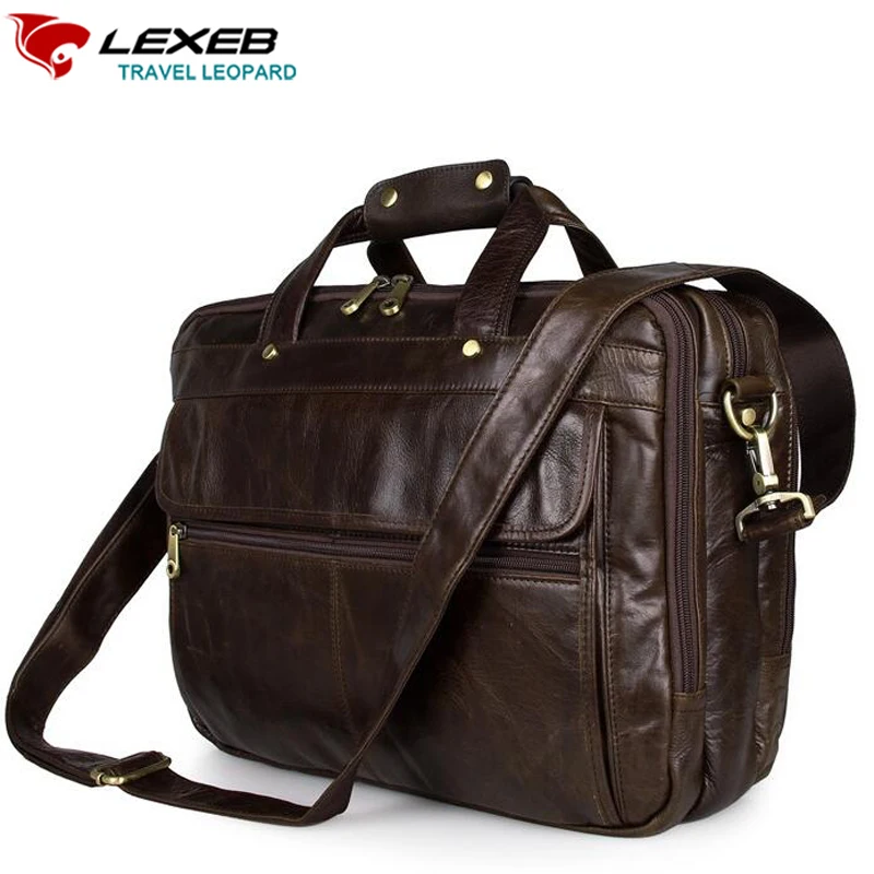 LEXEB Full Grain Leather Briefcases Bag Men's Casual Totes 15" Laptop High Quality Office Bags