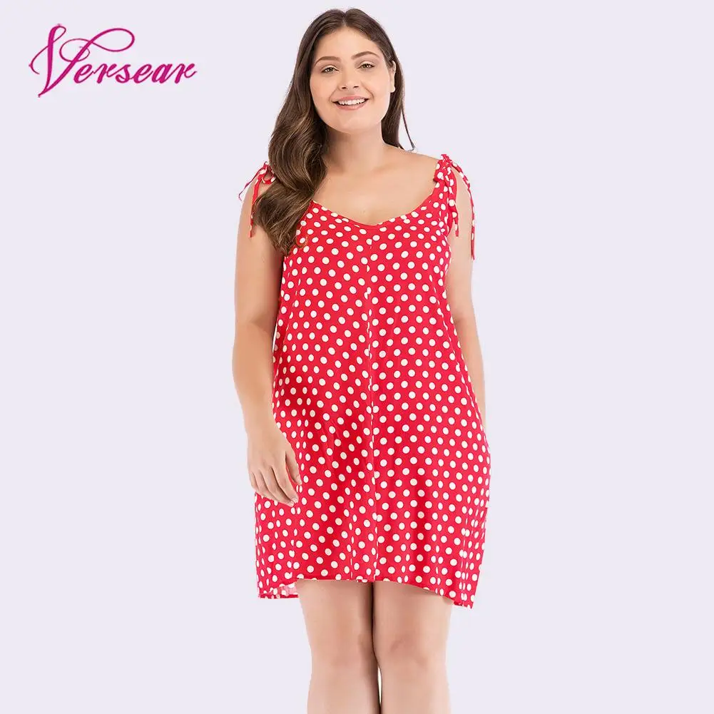 

Versear Plus Size 4XL 5XL Polka Dot Women Summer Dress Lace Up Strap Print Sleeveless Backless 2019 Femme Casual Beach Sundress
