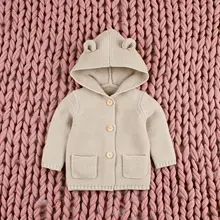 Новинка; сезон осень-зима; свитера для маленьких мальчиков и девочек; кардиган с героями мультфильмов; одежда с ушками; вязаные куртки для новорожденных; Детское пальто с капюшоном и длинными рукавами