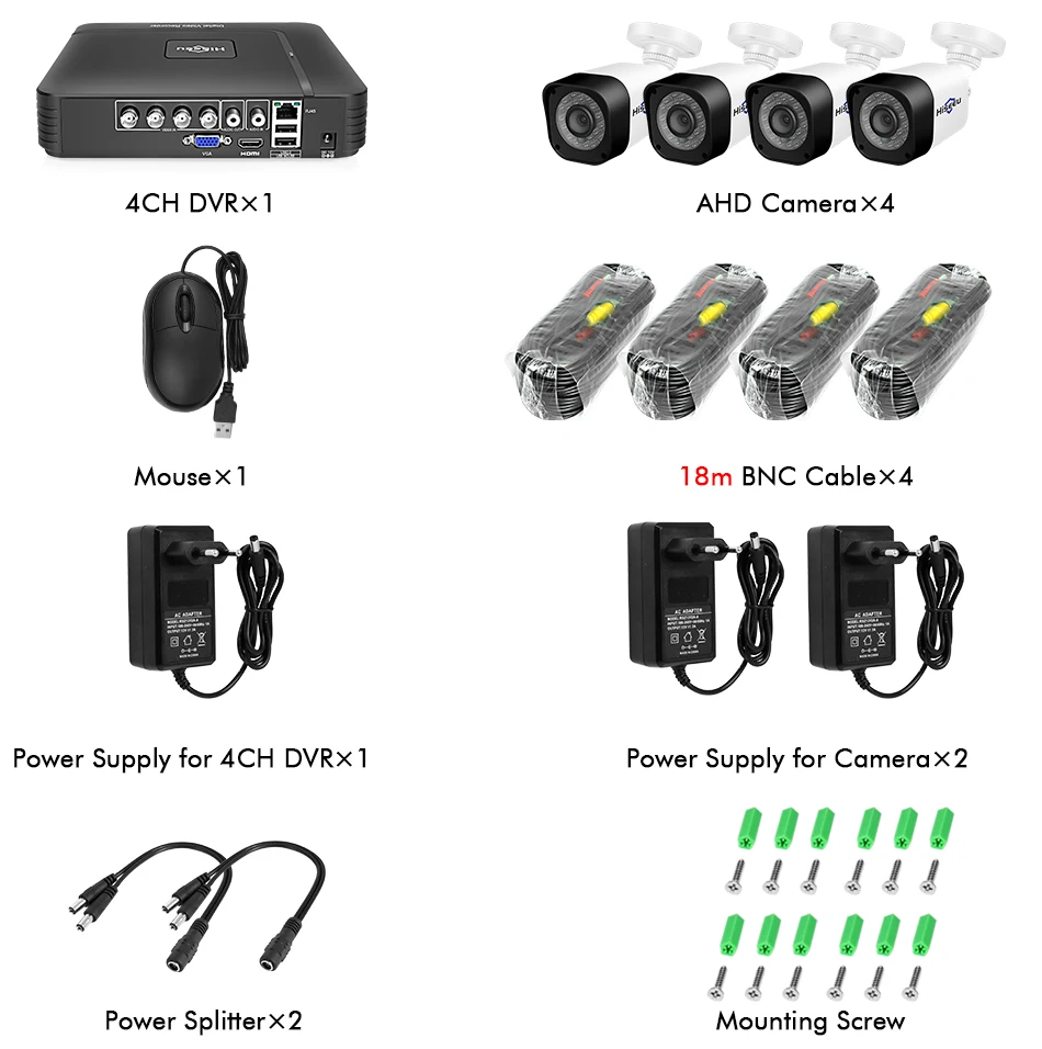 Hiseeu 4CH AHD камера видеонаблюдения системы безопасности 2MP 1MP IR-Cut уличная камера система видеонаблюдения Комплект оповещения по электронной почте просмотр приложения