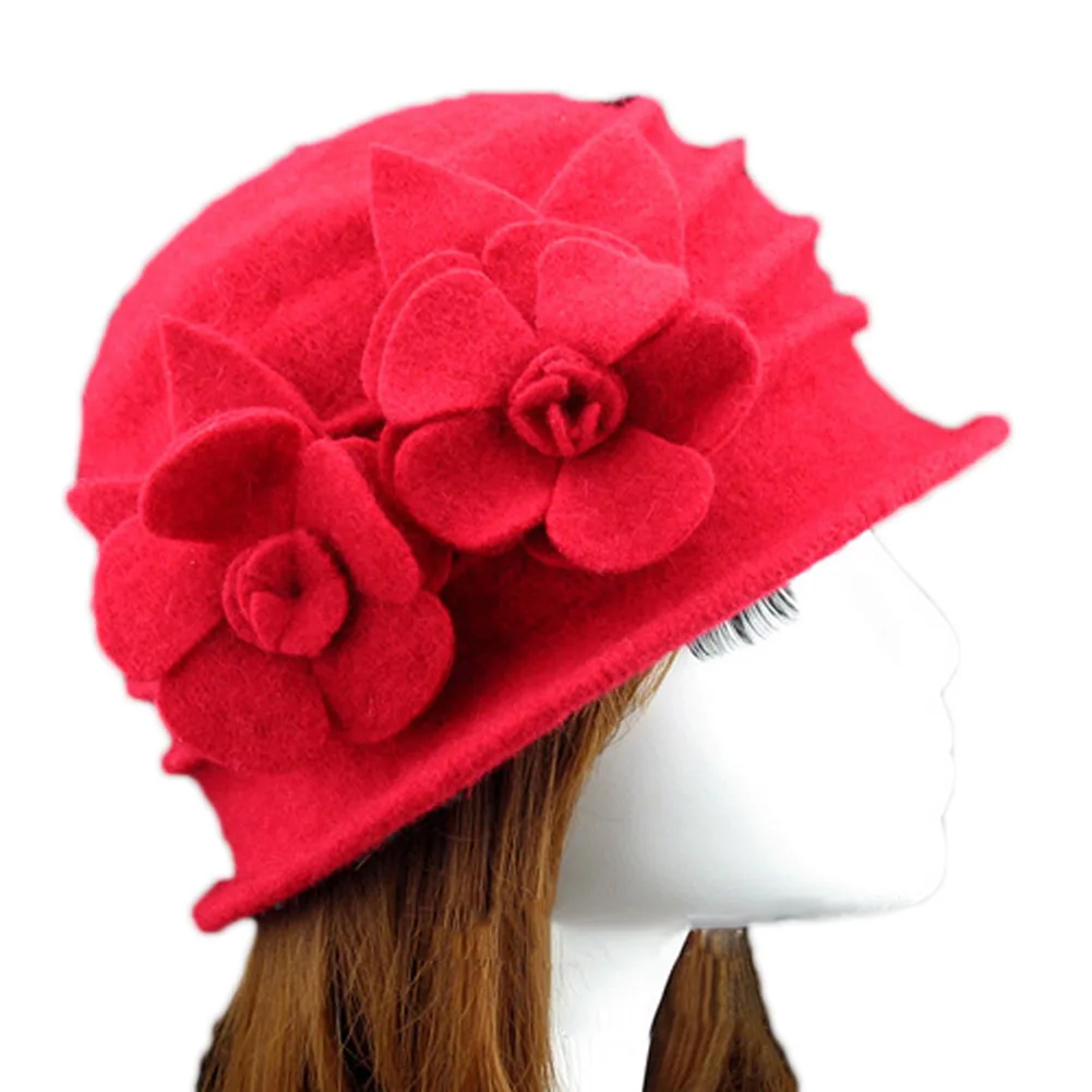 Модная женская однотонная шерстяная фетровая шерстяная шляпа, Дамская Цветочная дизайнерская Осенняя зимняя теплая шапка, шапки FDC99 - Color: Red
