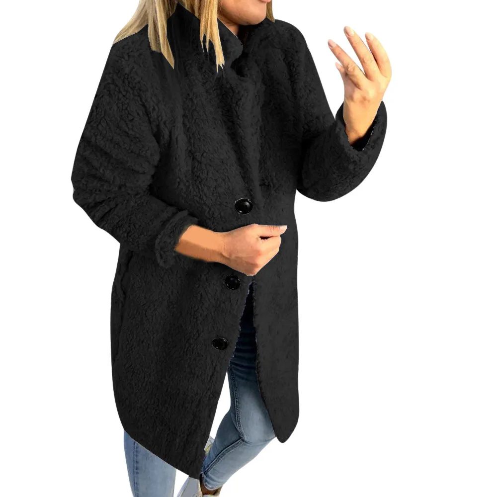 

Female Long Sleeve Fuzzy Jacket Women Winter Solid Coat Button Jacket Outwear Oversized Coat