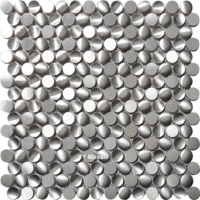 Metal Penny Round Modern Glossy White Silver Stainless Steel Metal Penny Round Modern Glossy White Silver Stainless Steel Mosaic Tiles Kitchen Backsplash Wall