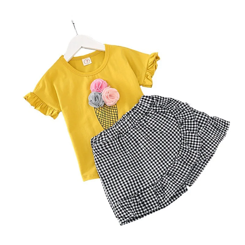 Dulce Amor/комплект одежды для девочек, летняя желтая футболка с рисунком мороженого + клетчатая юбка-брюки, комплект детской одежды из 2