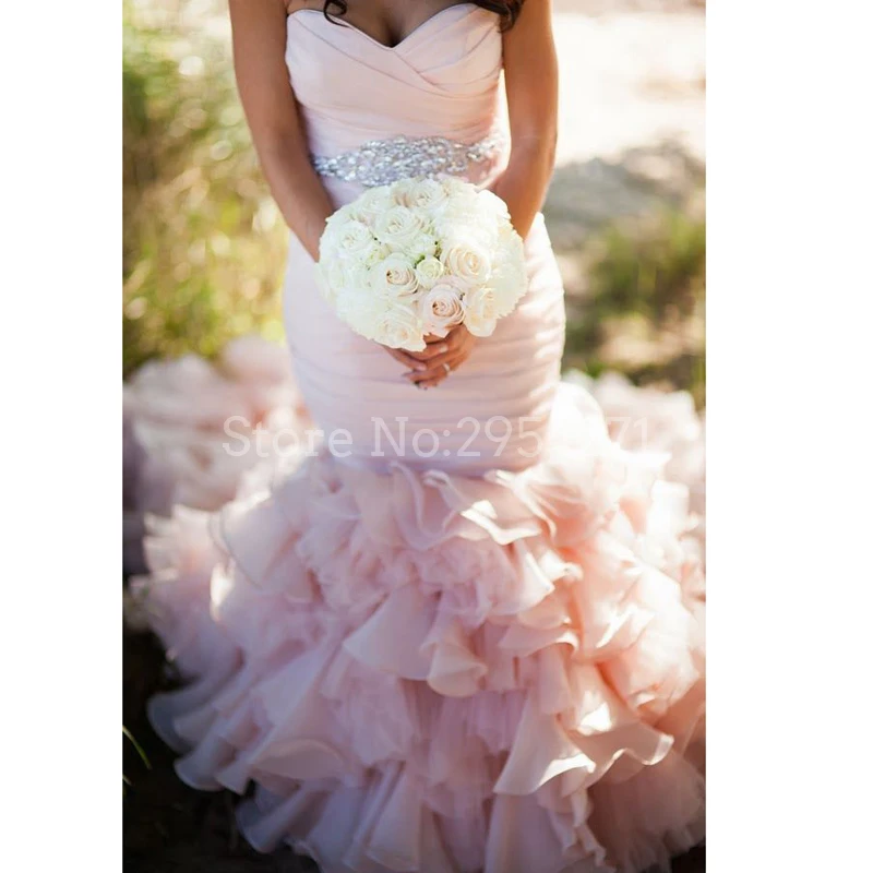 

Elegant New Pink Wedding Dresses 2019 Sweetheart With Silver Crystals Sash Pleats Ruffles Lace Up Wedding Gowns Bridal Dresses
