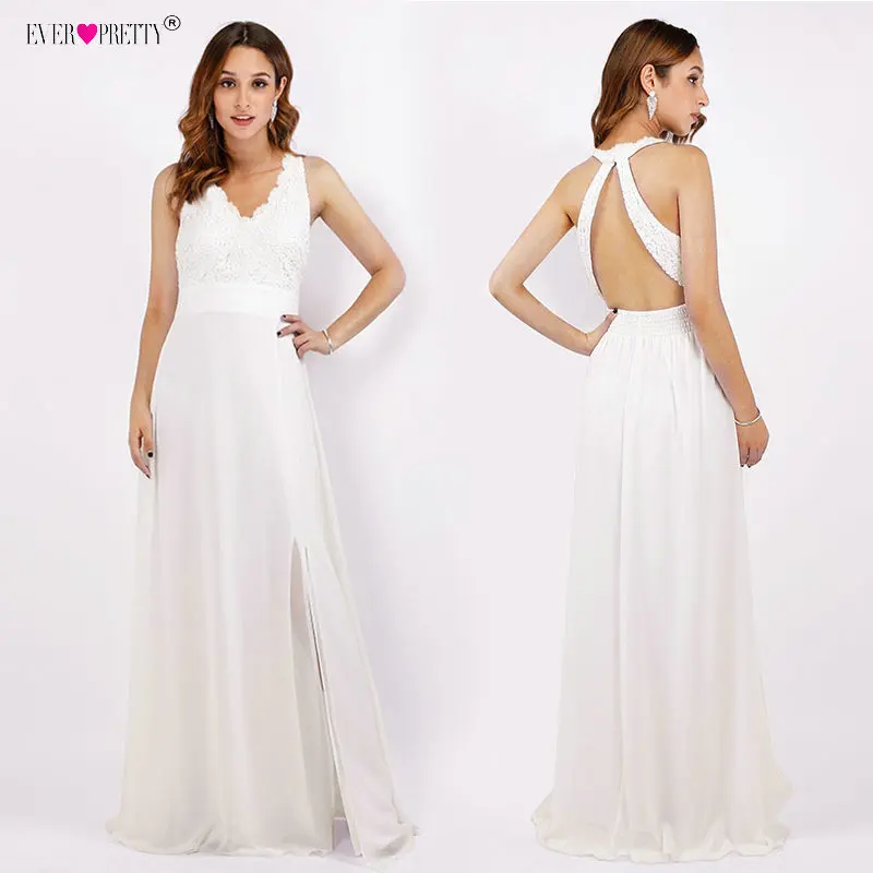 

Ivory Wedding Dresses Ever Pretty Sexy Robe De Mariee V-Neck Backless Long Bridal Gown Open Back Lace Chiffon vestido de noiva