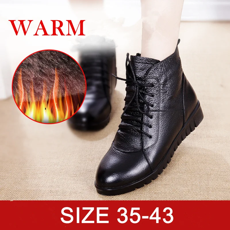 

SWONCO 43 Genuine Leather Boots Women Ankle Snow Boots Winter Shoes Women 2019 Black Sneakers Ankle Boot Casual Shoes Female