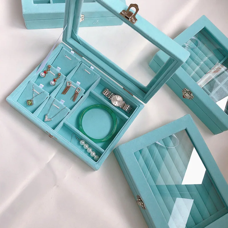 Роскошная Синяя бархатная коробка для демонстрации ювелирных изделий для колец серьги браслеты ожерелья или другие украшения органайзер