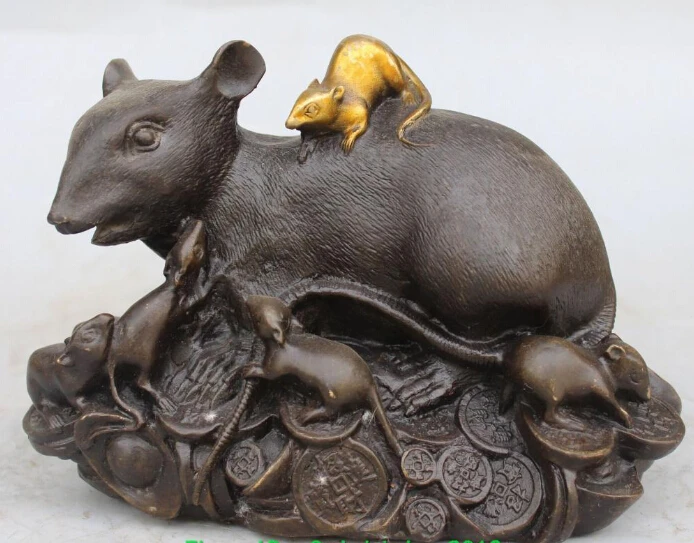 

00656 9" Chinese Bronze Gilt Wealth Feng Shui Animal Five Rats YuanBao Sculpture
