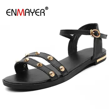 

ENMAYER Genuine Leather Basic Casual Women's Shoes Low Heel Summer Solid Fashion Sandals Size 34-45 LY1435