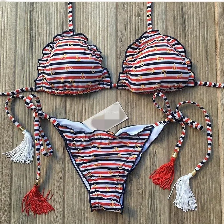 

2019 Women's split color corrugated printing bikini swimwear instant sexy bikinis swim wear swimming suit for women