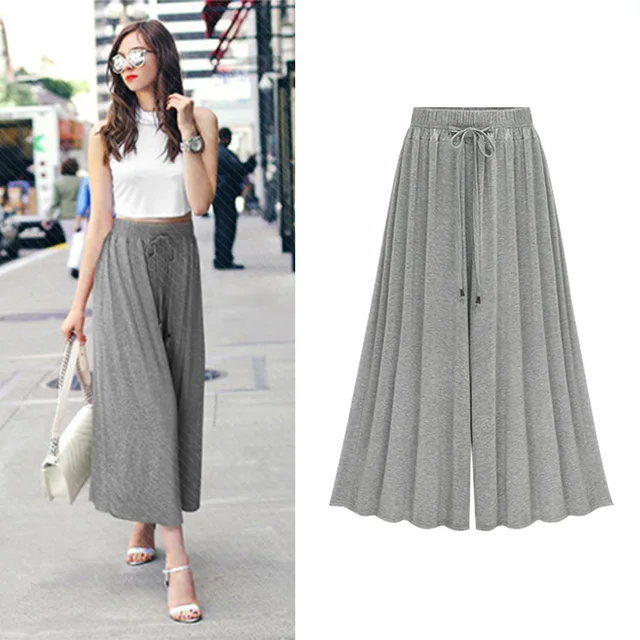 Women Cotton Modal Wide legged Pants Skirt Loose Leisure Pleated