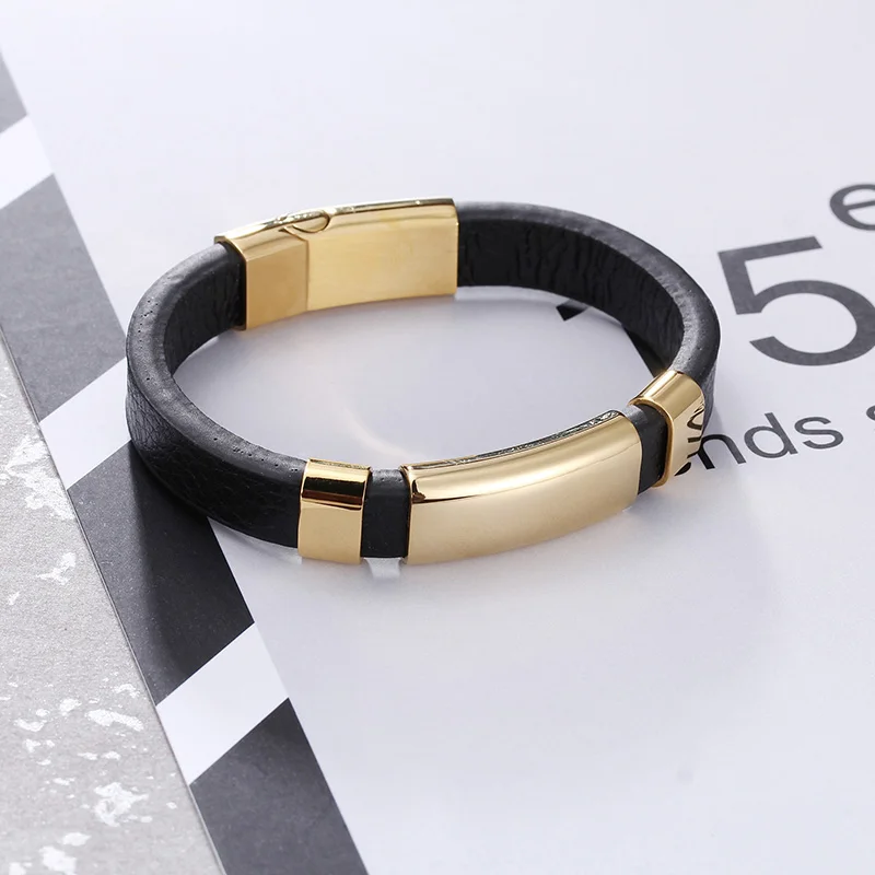 TrustyLan Genuine Black Leather Simple Wrap Men Bracelet Gold Color Steel Wristband Classic Mens Bracelets& Bangles Jewelry