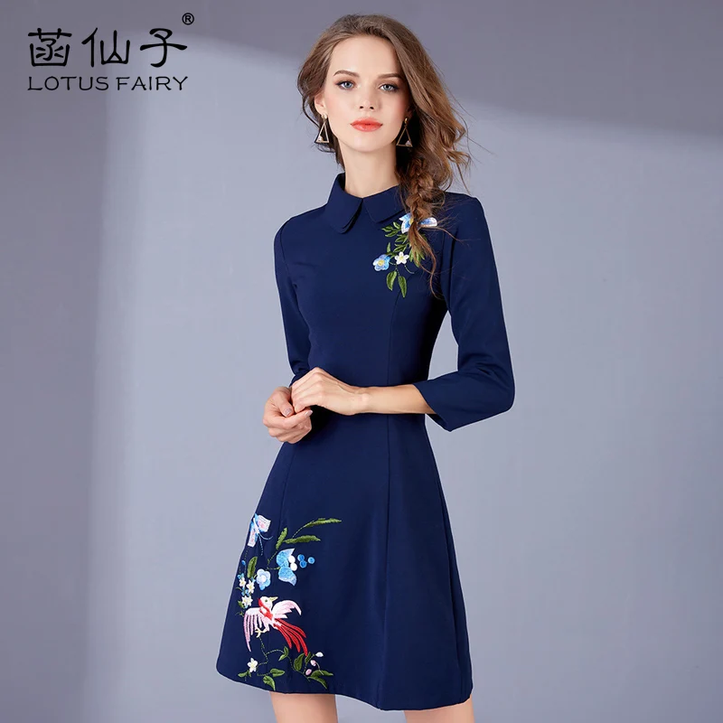 

Elegant Chinese Style Embroidery floral Casual Mini Three Quarter Empire Slim trumpet dress Woman Turn-down Collar Night Dresses