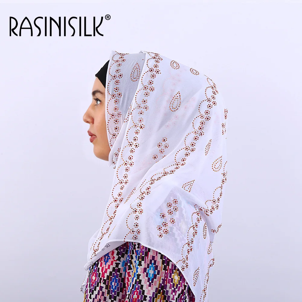 

1pc Summer Plain Women Muslim Hijabs Bubble Chiffon Scarves Shawls Wedding Headscarf Exquisite Rhinestone Floral Islamic 0x170cm