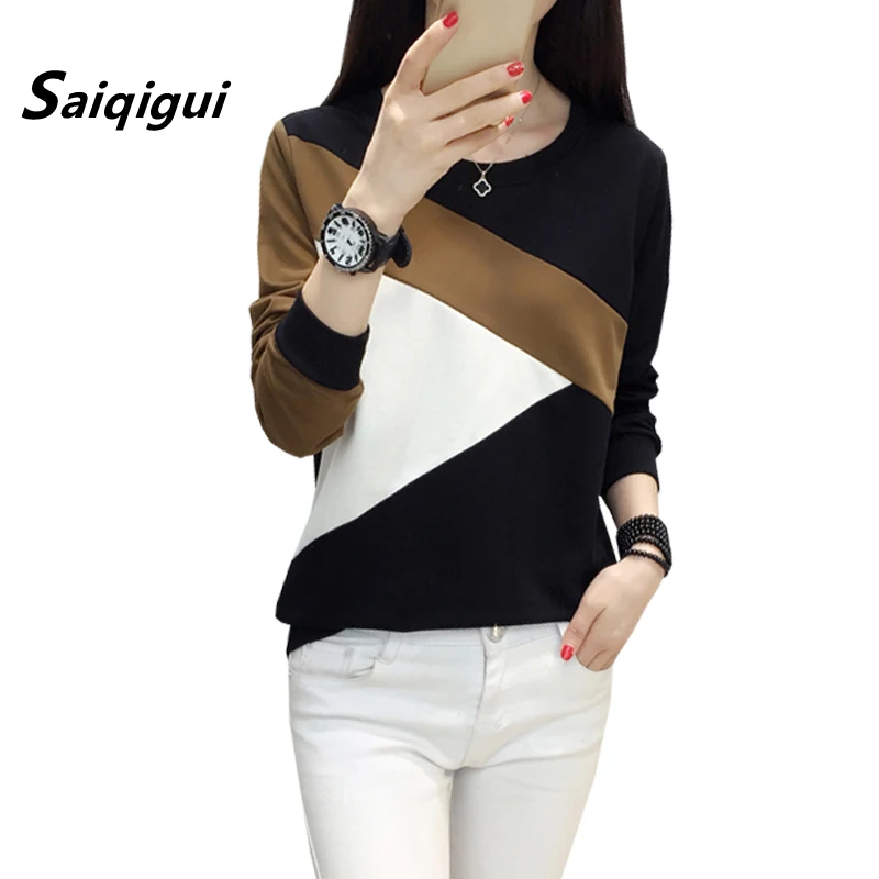 

Saiqigui 2019 fashion autumn Korean Women T Shirt Casual loose female long Sleeve T-shirt Patchwork sweatshirt tops plus size
