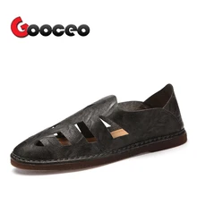 Мужские сандалии летние Кожаные слипоны на плоской подошве пляжная обувь дышащая Нескользящая Повседневная Удобная Уличная обувь ручной работы; большие размеры