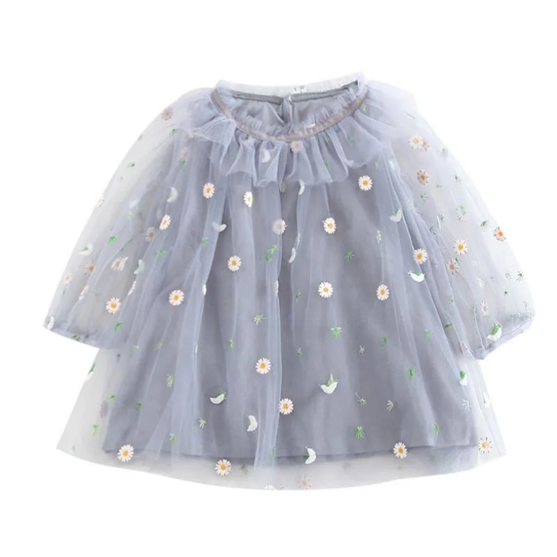 

New Spring Summer Toddler Clothes Girls Dresses Baby Soild Full Sleeve Embroidery Ruffle Peter Pan Collar Party Dress For 1-5Yrs