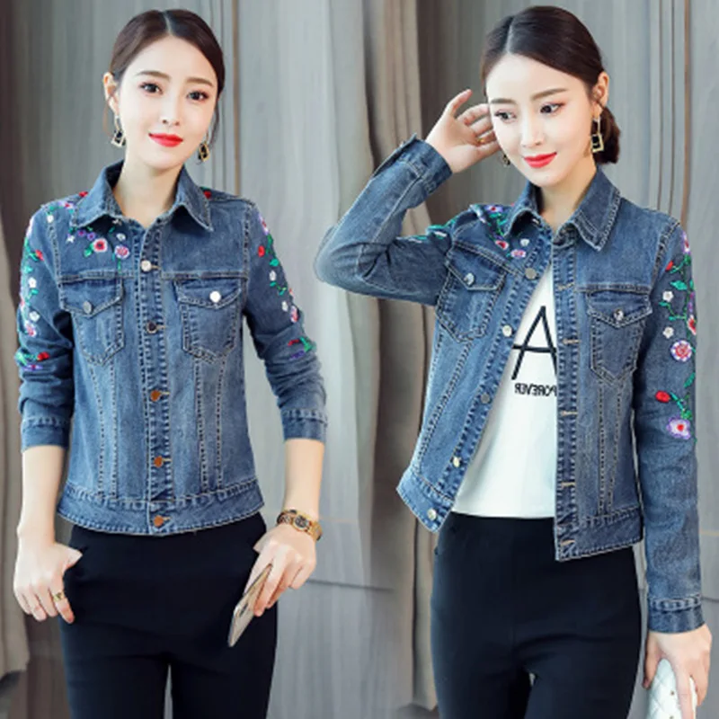 

Autumn Embroidery Flower Cowboy Loose Coat Female Denim Jeans Jacket Women Fashion Casual Denim Jacket Plus Size 5XL