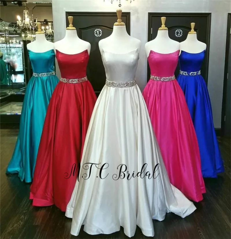 

Custom Made Long Formal Dress Evening With Crystal Sashes 2019 Charming Strapless A Line Floor Length Gorgeous Arabic Prom Gowns