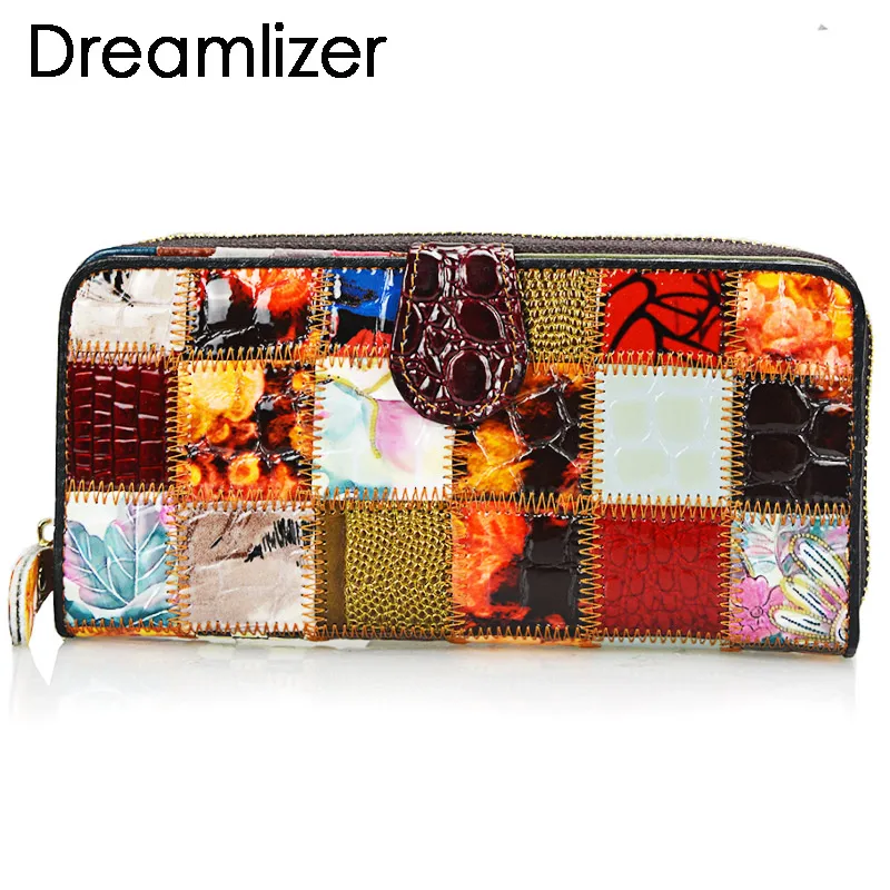 

Dreamlizer Patchwork Genuine Leather Women Wallets Large Size Coin Bag Female Clutch Purse Women Long Card Holder Wallet