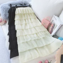 Wasteheart Весна Для женщин модные черно-белые юбка Для женщин с оборкой, с высокой посадкой плиссированные ботильоны Длина юбки длинные плиссированные