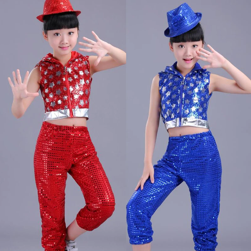 Red Blue Kids Sequined Modern Hip Hop dancing Outfits Girls Jazz Tap Dance costumes Children's Stage wear Ballroom Party Costume