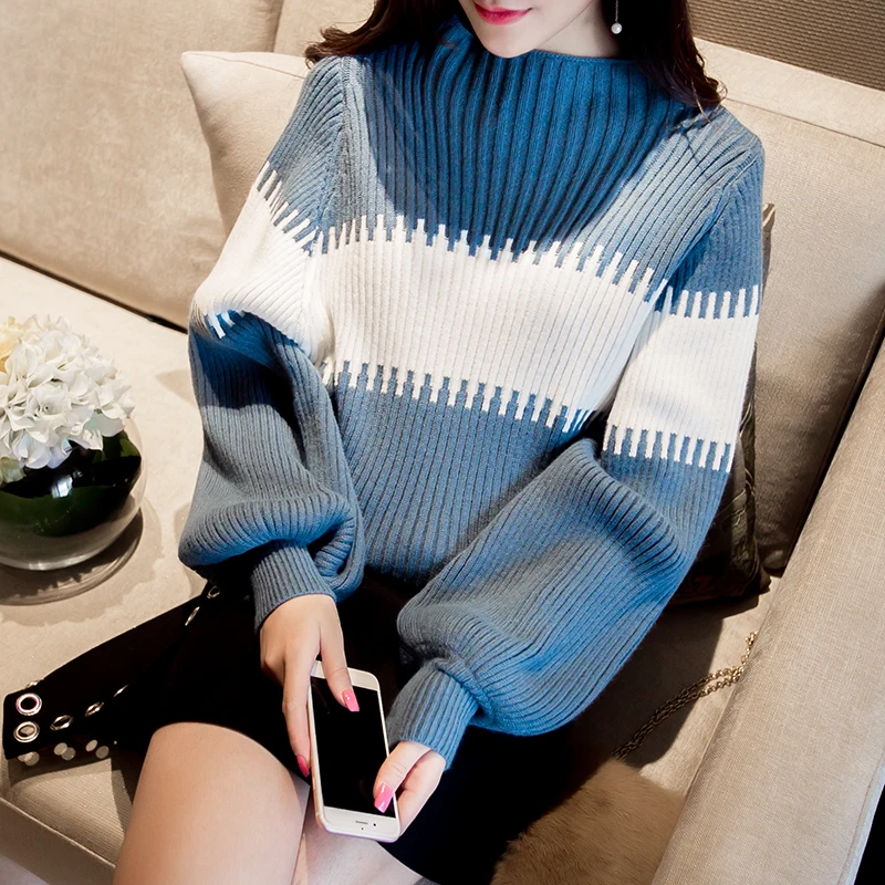 

Sweaters Turtleneck Full Sleeve Regular Pullovers Lantern Sleeve Geometric Standard Winter Women Fashion 2018 Casual