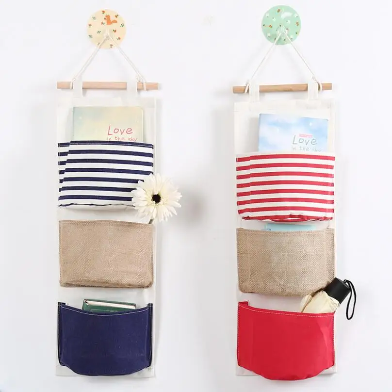  9 Color Wall Sundry Fabric Cotton 3 Pocket Hanging Holder Storage Bag Rack makeup Cosmetic organize