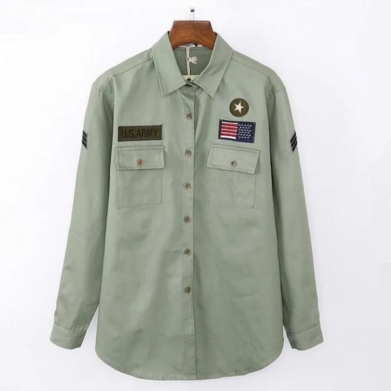 Women Military Style Army Shirt Long 