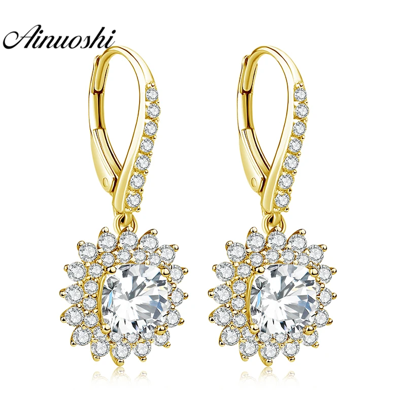 

AINUOSHI 10K Solid Yellow Gold Drop Earring Shinning SONA Diamond 1.6ct Cushion Cut Click Back Earring Fine Women Jewelry Gifts